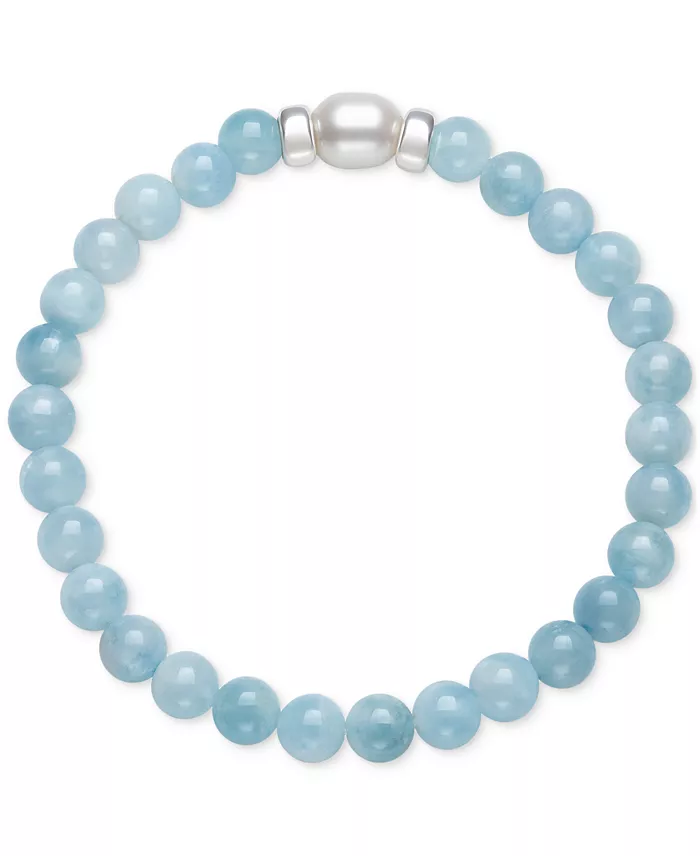 Milky Aqua & Cultured Freshwater Pearl Stretch Bracelet in Sterling Silver