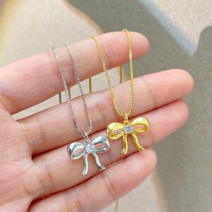 925 Sterling Silver Zircon Bow Pendant Necklace for Women