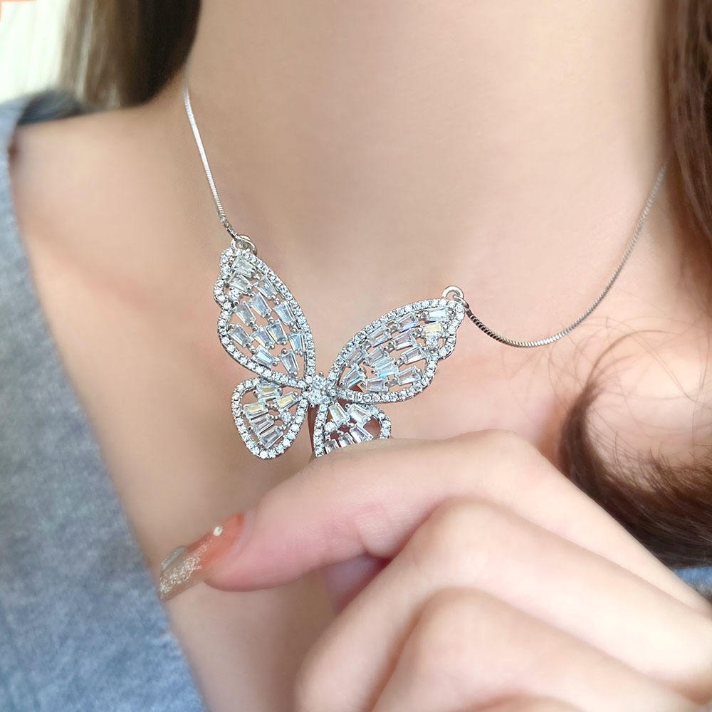 925 Sterling Silver White Cubic Zirconia Butterfly Pendant Necklace for Women - Image 3