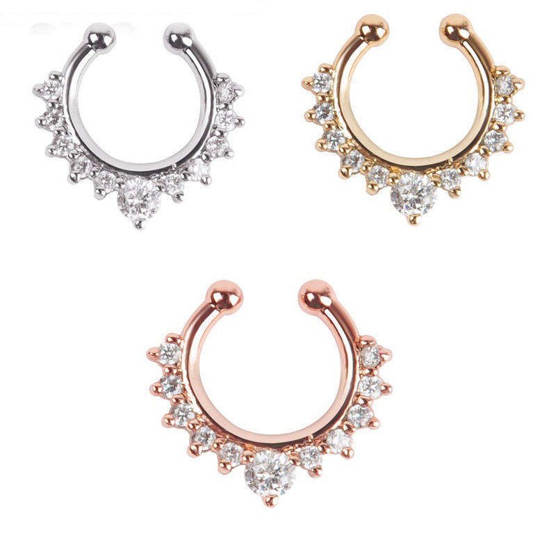 Classic Style Silver & Gold Plated Diamond Nose Ring Piercing Jewelry Without Holes Gifts for Women