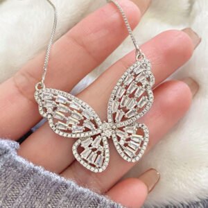 925 Sterling Silver White Cubic Zirconia Butterfly Pendant Necklace for Women