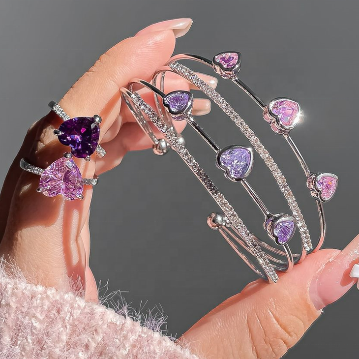 925 Sterling Silver Women Radiant Cut Pink Venom 5A 8A Cubic Zirconia Iced Out Heart Bangle Bracelet Set adjustable