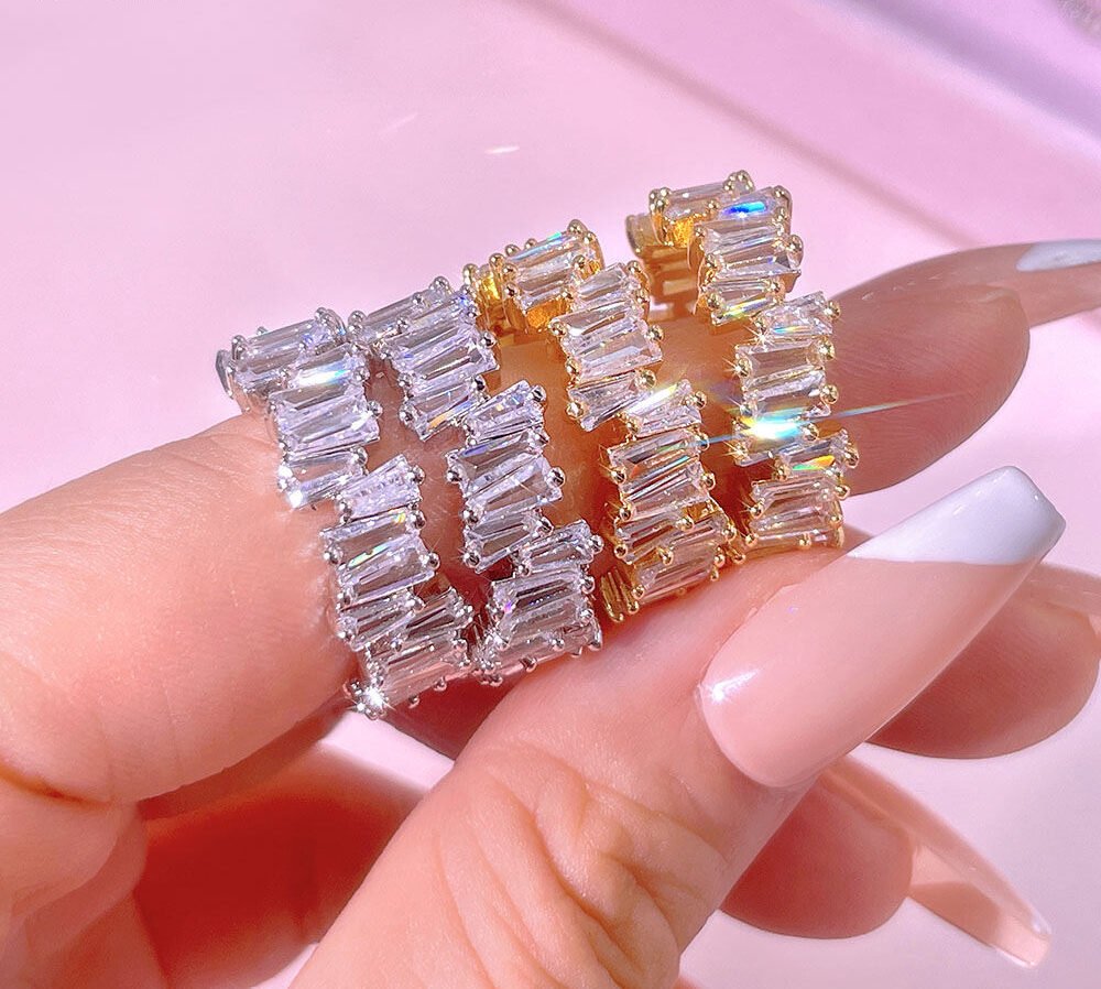 Classic Baguette Cubic Zirconia Engagement Ring Silver 925 Jewelry Bling Eternity Emerald Cut Diamond Rings for Women