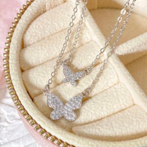 925 Sterling Silver Double Layer Necklace Rhodium Plated Butterfly Pendant New Fashion Classic Engagement Wed