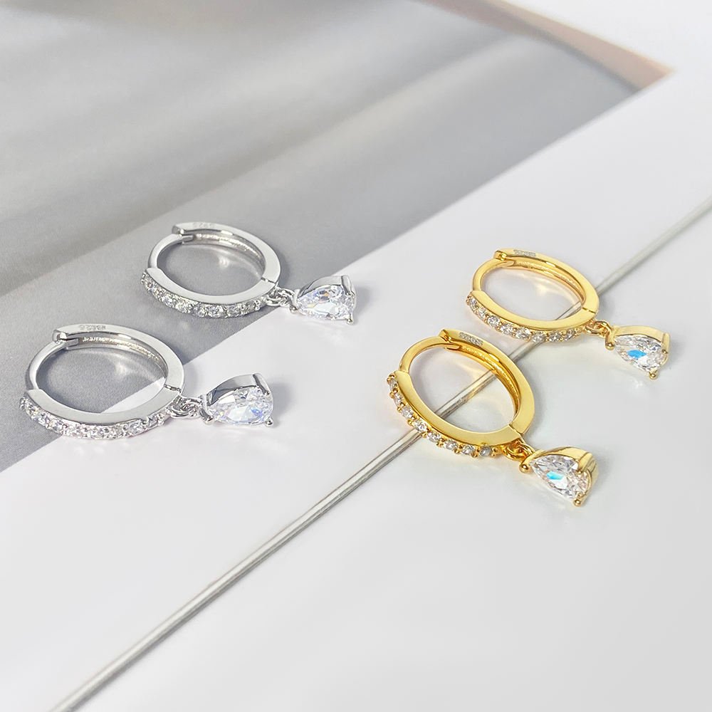 Classic Silver Hoop Pave Setting Water Drop Stone Charm Hoop Earring - Image 3