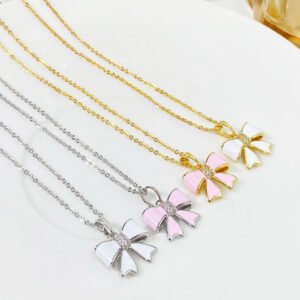925 Sterling Silver 18K Gold Plated Waterproof Hypoallernic Bow Pendant Enamel Necklace for Women