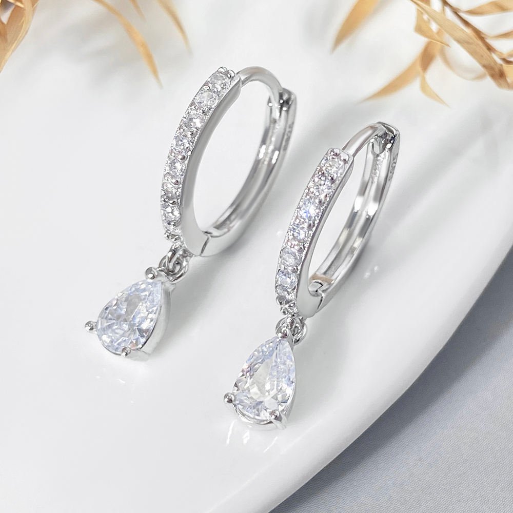 Classic Silver Hoop Pave Setting Water Drop Stone Charm Hoop Earring